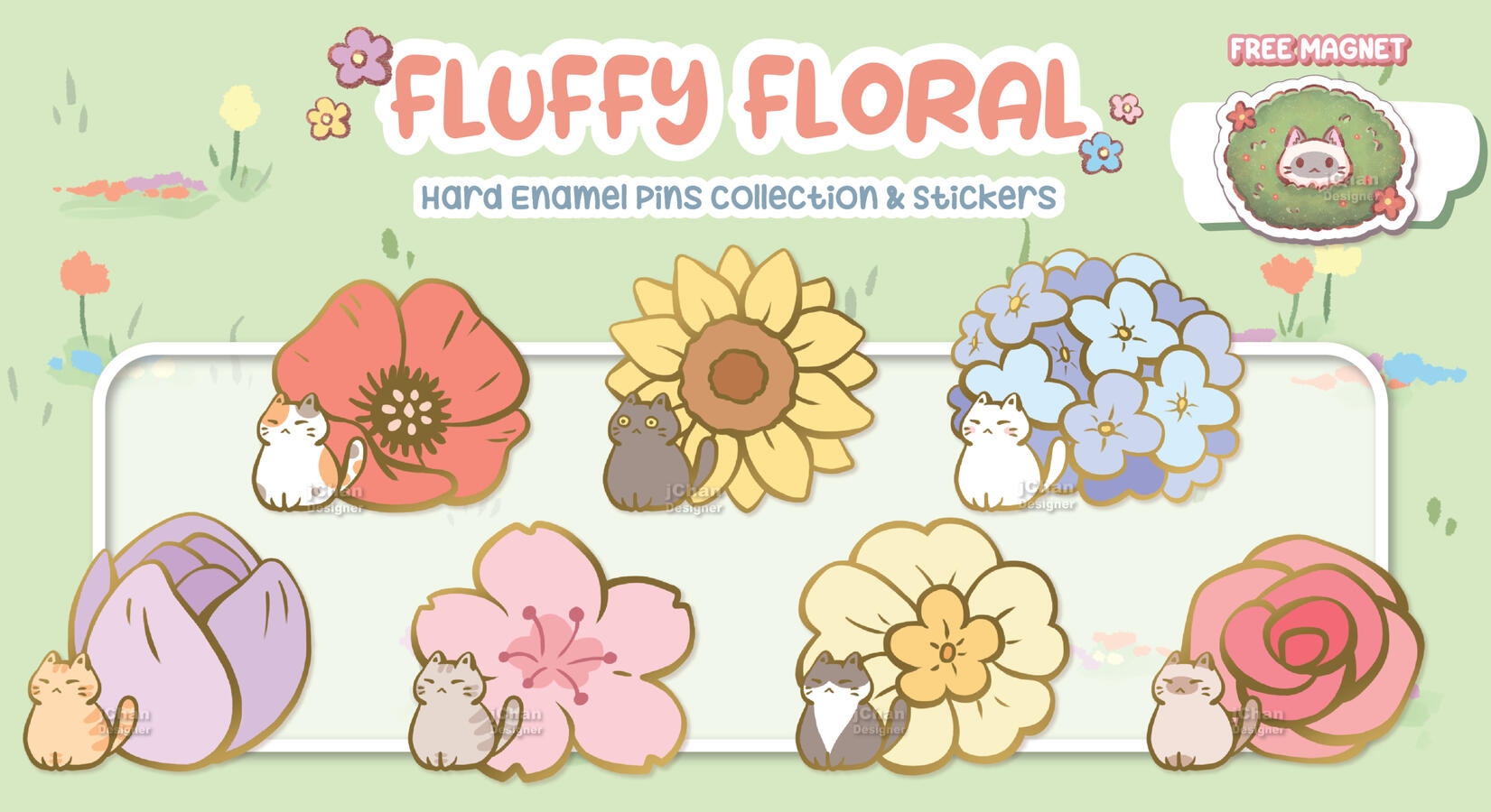 fluffy floral, floral pins, cat pins