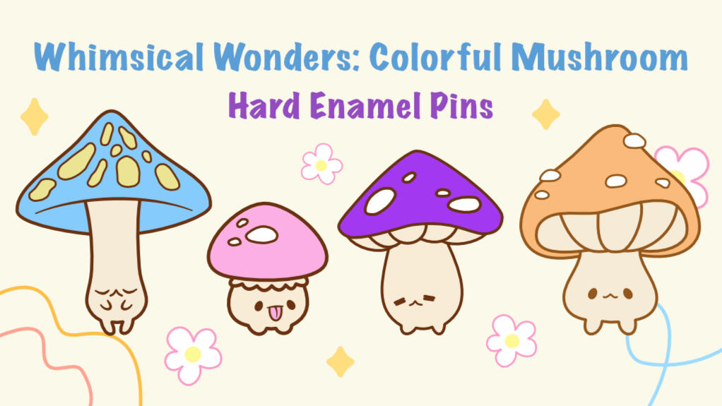 whimsical wonders, cottage core, mushrooms, colorful mushrooms, hard enamel pins